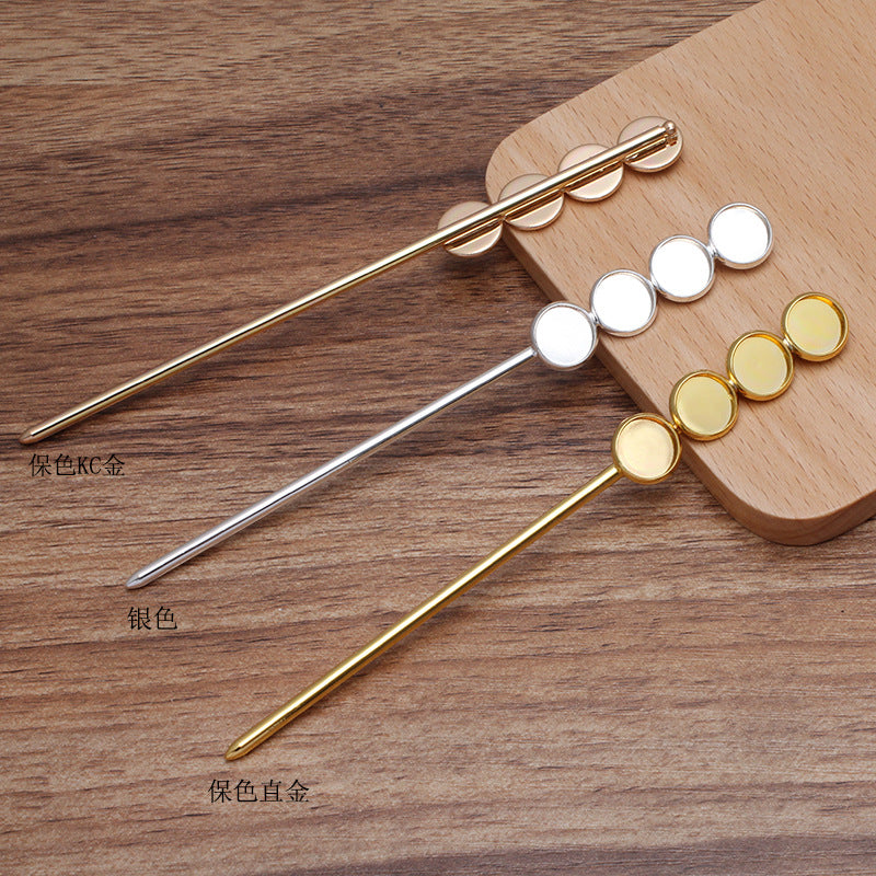5 Multi Plain Edge Bezel Cup Chinese Stick Hairpin 18KGP 8mm 10mm Round Cabochon Blank Base Gemstone Piece Setting