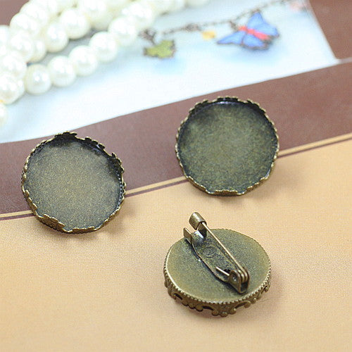 200 Crown Edge Bezel Cup Safe Brooch Pin Silver Plated 20mm 25mm Round Cabochon Blank Base Gemstone Piece Setting