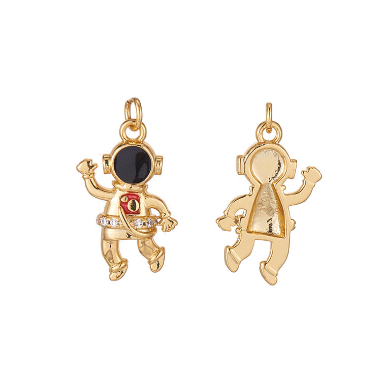 2 Astronaut Charm Pendant Rhinestone Embellished 14K GF