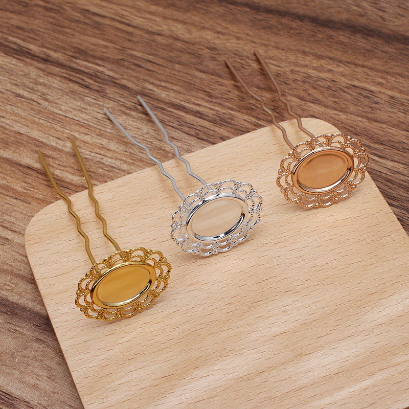 20 Haargabel-Haarnadeln mit floralem Charme, 18 kgp, 13 x 18 mm, ovaler Cabochon, blanke Basis, Edelsteinfassung