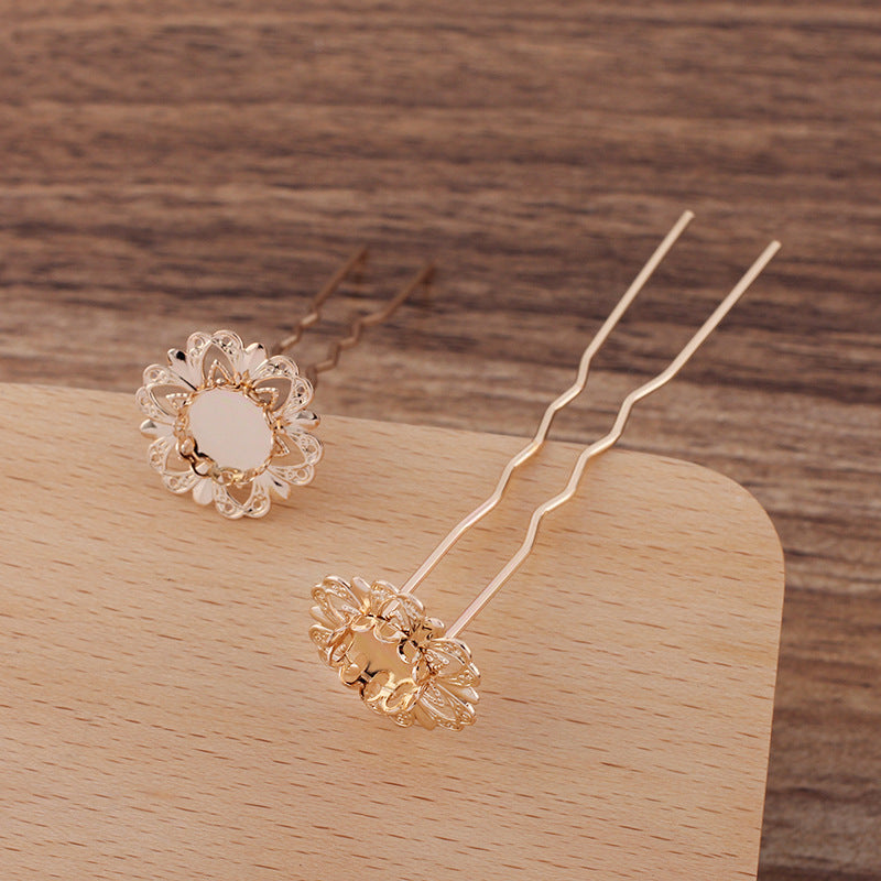10 Scallop Edge Bezel Cup Filigree Floral Charm Hair Fork Hairpin 18KGP 10mm Round Cabochon Blank Base Gemstone Piece Setting