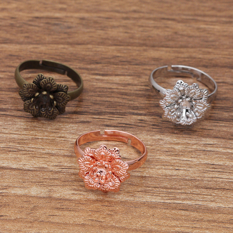 Bague circulaire ouvrante à breloque florale en filigrane, 100, 18KGP, 5mm, ronde, non poreuse, Base vierge, sertissage de pierres précieuses