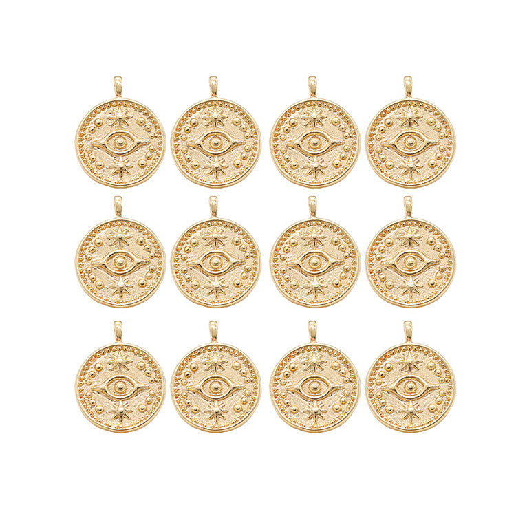 Pendentif à breloque pièce de monnaie à 2 yeux orné de strass 14K GF