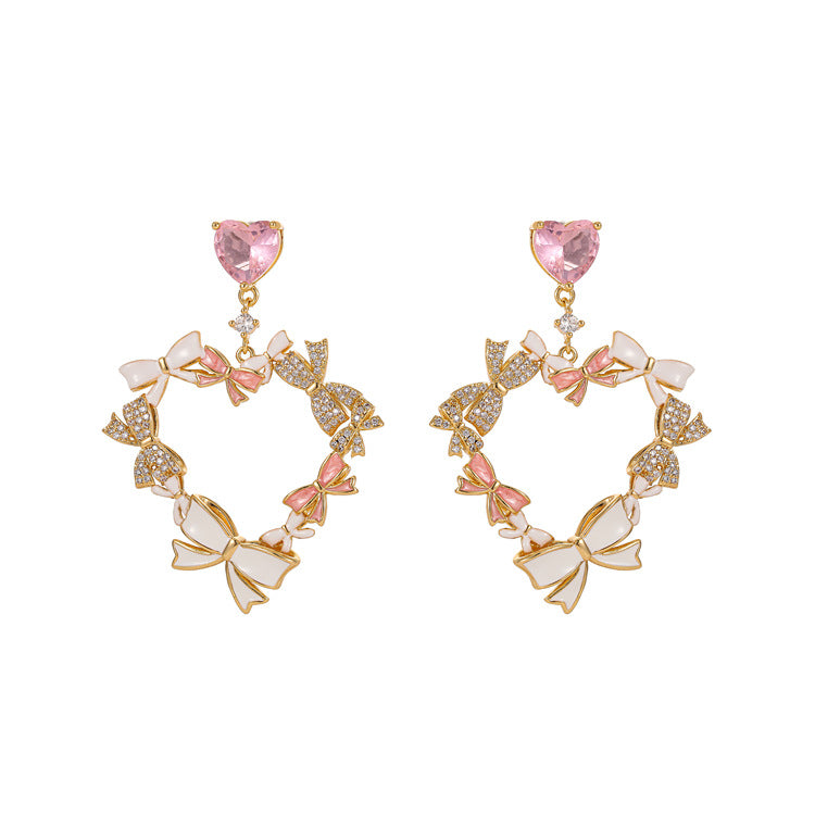 4 boucles d'oreilles à breloques en forme de cœur avec nœud papillon ornées de strass 14K GF