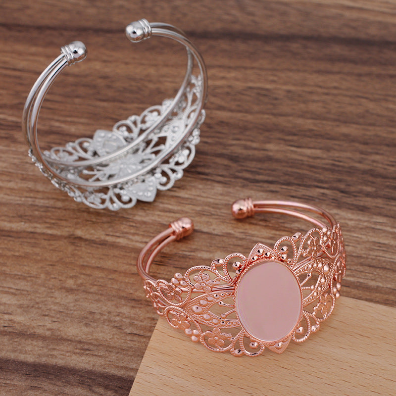 Bracelet à cercle ouvert en filigrane à deux rangées de bords dentelés, 18KGP, 18x25mm, cabochon ovale, Base vierge, réglage de pièces de pierres précieuses