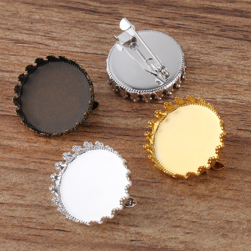 200 Crown Edge Bezel Cup Safe Brooch Pin Silver Plated 20mm 25mm Round Cabochon Blank Base Gemstone Piece Setting