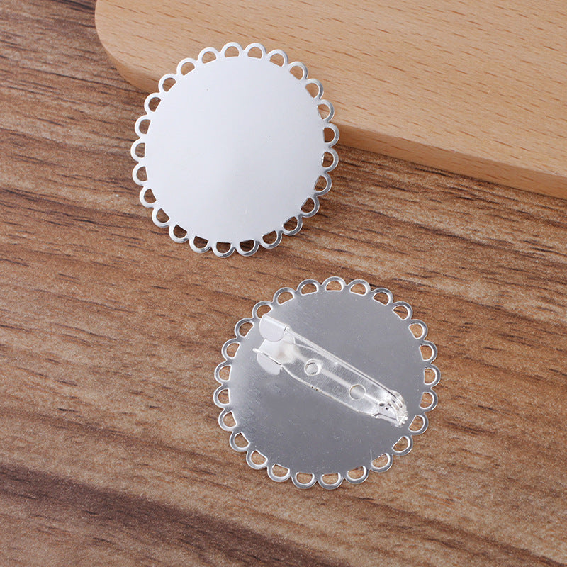 200 bord festonné coussin plat lunette tasse broche sûre broche argent plaqué 35mm cabochon rond Base vierge réglage de la pièce de pierre précieuse