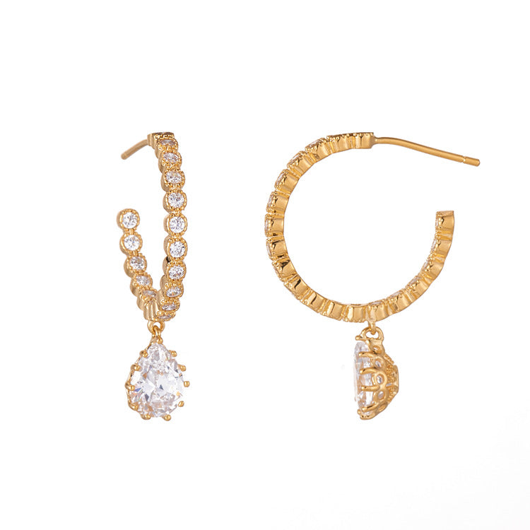 4 boucles d'oreilles à breloques en forme de goutte d'eau, demi-cercle sculpté, ornées de strass, boucles d'oreilles GF 14K