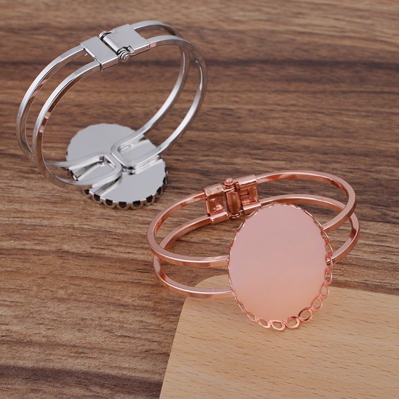 5 bord festonné lunette tasse deux rangées bracelet circulaire ouvrable 18KGP 30x40mm cabochon ovale Base vierge réglage de la pièce de pierre précieuse