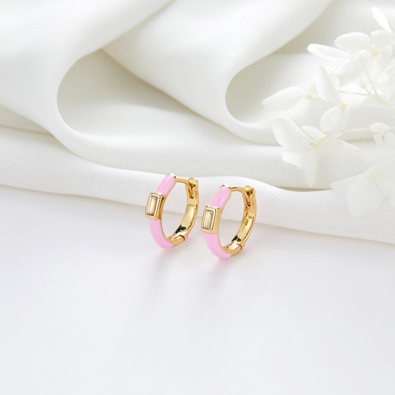 4 Rectangle Stone Hoop Earrings Enamel Epoxy Rhinestone Embellished 14K GF Earing