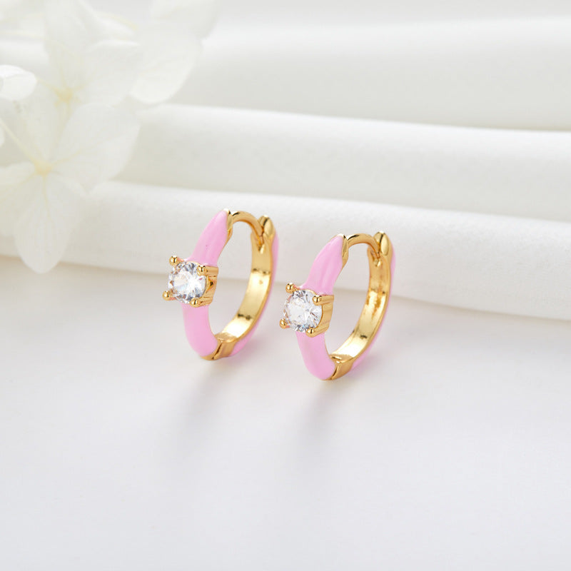 4 One Stone Hoop Earrings Enamel Epoxy Rhinestone Embellished 14K GF Earing