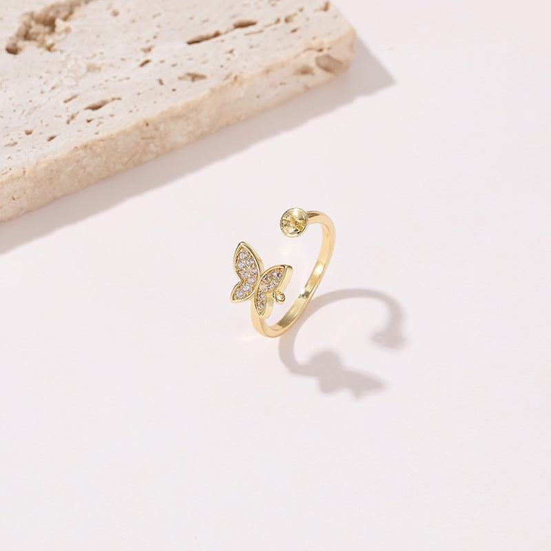 2 offene Kreise mit Strass verziert, Walschwanz-Blumen-Statement-Ring, 14K GF, halbgebohrter Perlenrohling