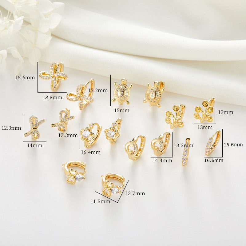 Boucles d'oreilles rondes en forme de tortue, 4 couronnes, nœud papillon, arbre floral, cœur, ornées de strass, 14K GF