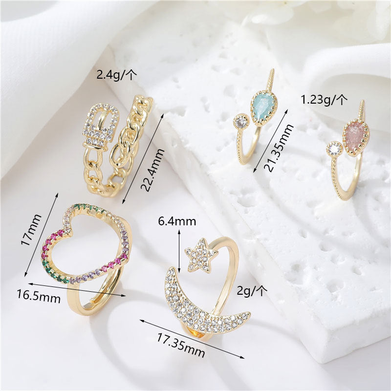 2 anneaux de déclaration ornés de strass, chaîne à cercle ouvert, étoile, lune, cœur, 14K GF