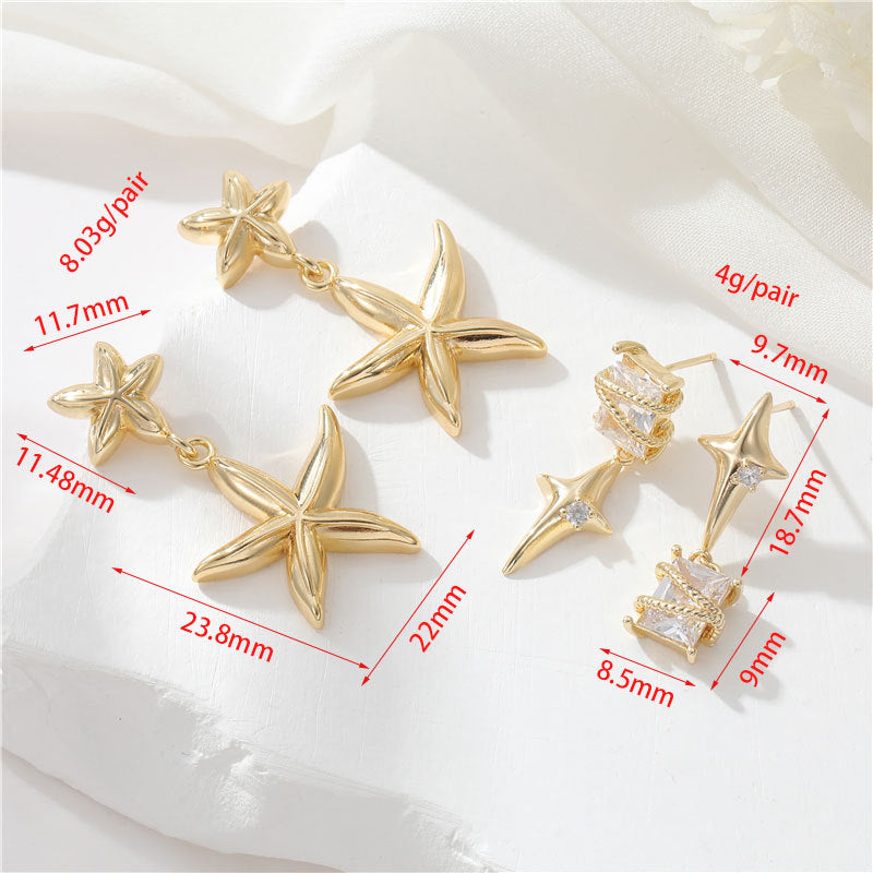 Boucles d'oreilles à tige étoile de mer 4 étoiles, ornées de strass 14K GF