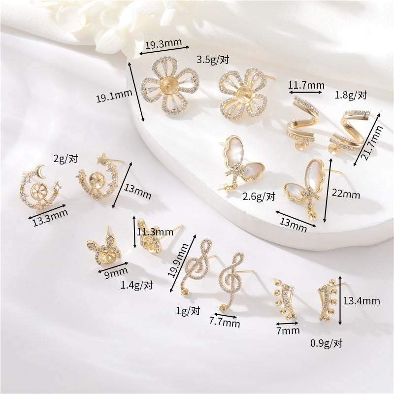 4 boucles d'oreilles papillon, signe de musique florale, lapin, spirale, ornées de strass, 14K GF, boucle d'oreille à moitié percée, perle vierge