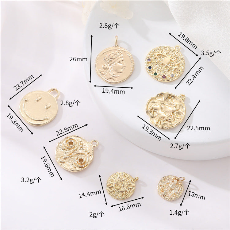 2 Apollo Eye Smile Face Angel Caesar Coin Charm Pendentif Strass Embelli 14K GF