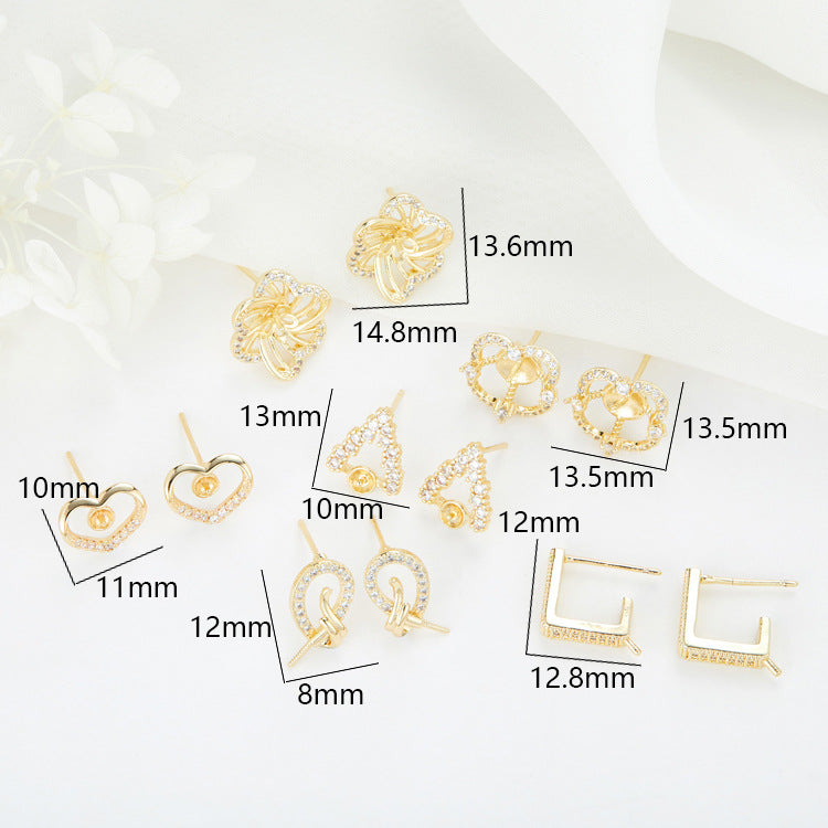 4 boucles d'oreilles à tige triangulaires florales ornées de strass 14K GF, boucles d'oreilles à moitié percées, perle vierge