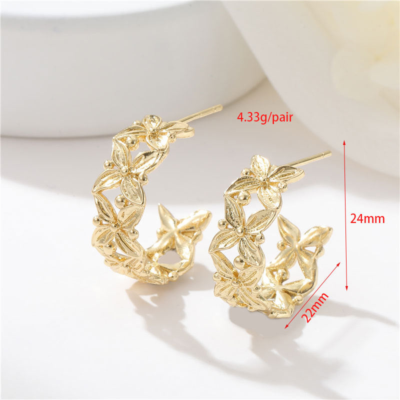 4 boucles d'oreilles à tige florales à facettes en demi-cercle 14K GF Earing