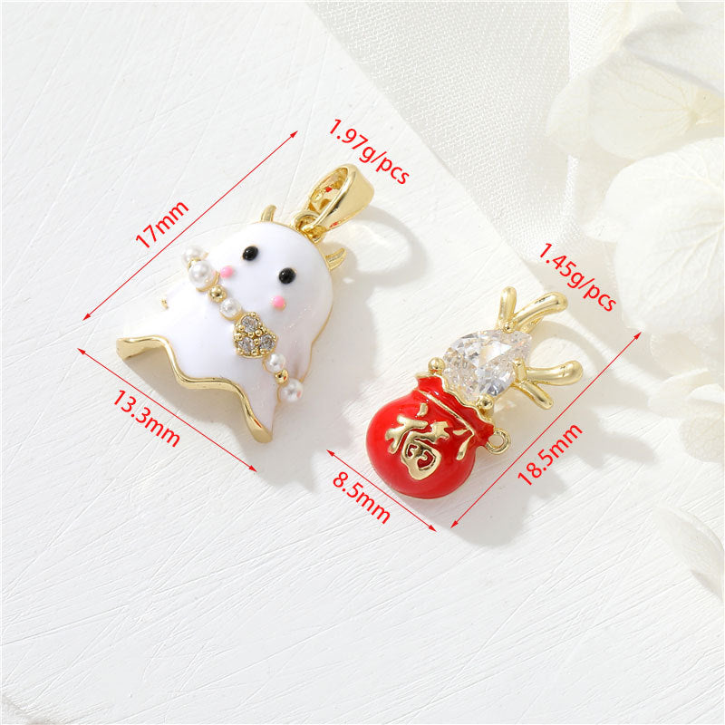 2 Pendentif Charme Fantôme Émail Époxy 14K GF Strass Embelli