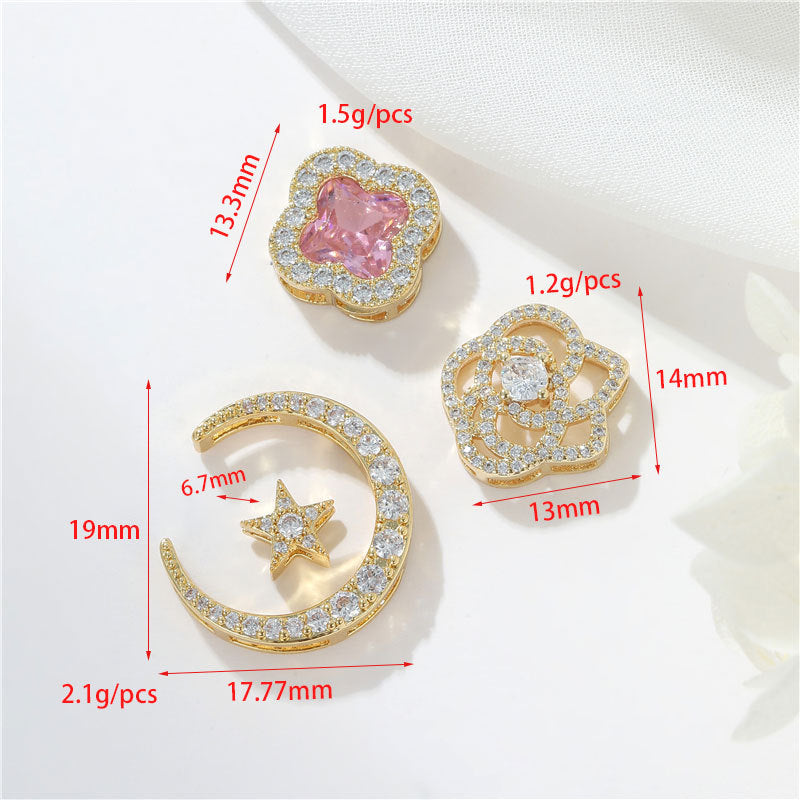 Pendentif à breloque florale 2 lunes orné de strass 14K GF