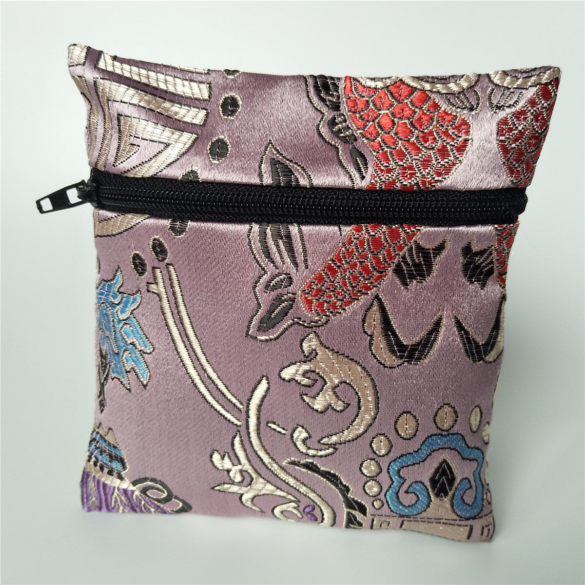 5x5" Colorful Floral Chinese Silk Pouch Pocket Money Coin Bag with Zip Grab Rosary Bead Traditional Packaging Bags for Jewelry Gift