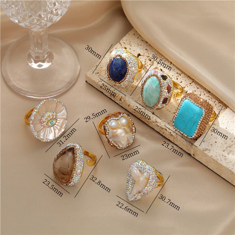 2 bague de déclaration en pierre naturelle à cercle ouvert, coquille de perle, Amazonite, Turquoise, Quartz rutilé, 14K GF