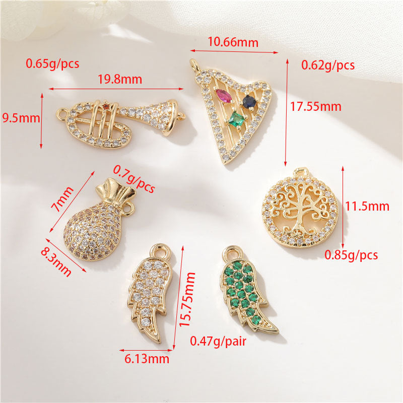 2 Harpe Arbre Moneybag Trompette Aile d’Ange Charme Pendentif Émail Époxy 14K GF Strass Embelli