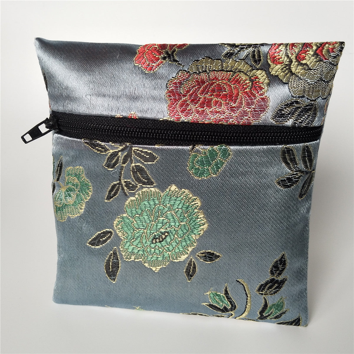 5x5" Colorful Floral Chinese Silk Pouch Pocket Money Coin Bag with Zip Grab Rosary Bead Traditional Packaging Bags for Jewelry Gift