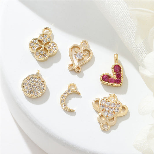 2 Petits Coeurs Lune Floral Rond Charme Pendentif Strass Embelli 14K GF