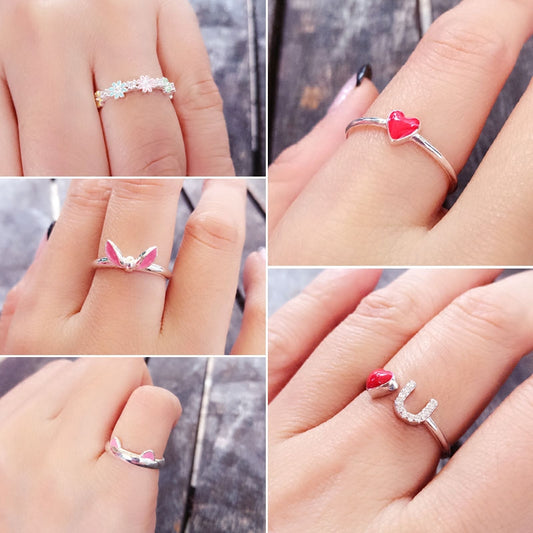 Argent sterling émail époxy cercle ouvert coeur floral oreille de lapin chat U anneau S925 trouver