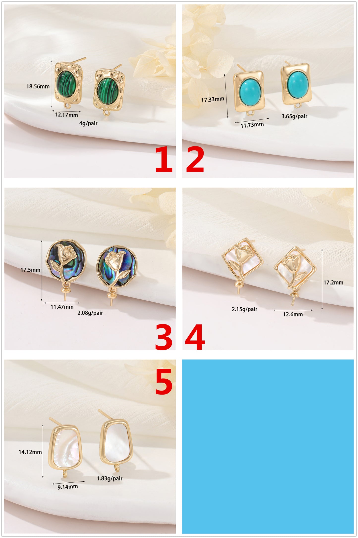4 boucles d'oreilles ovales rectangulaires rondes avec boucle Malachite Turquoise Shell embellie 14K GF Earing