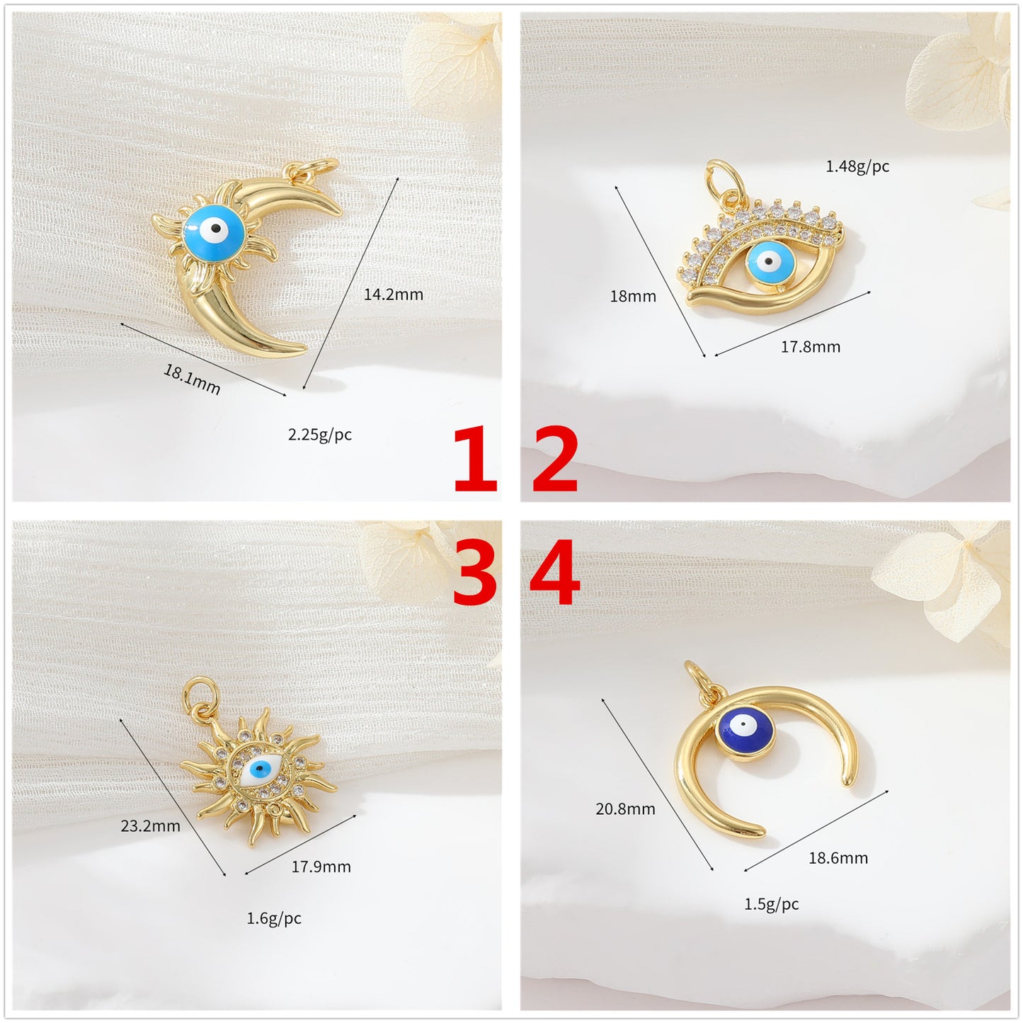 2 Evil Eye Moon Sun Charm Pendentif Émail Epoxy 14K GF Strass Embelli