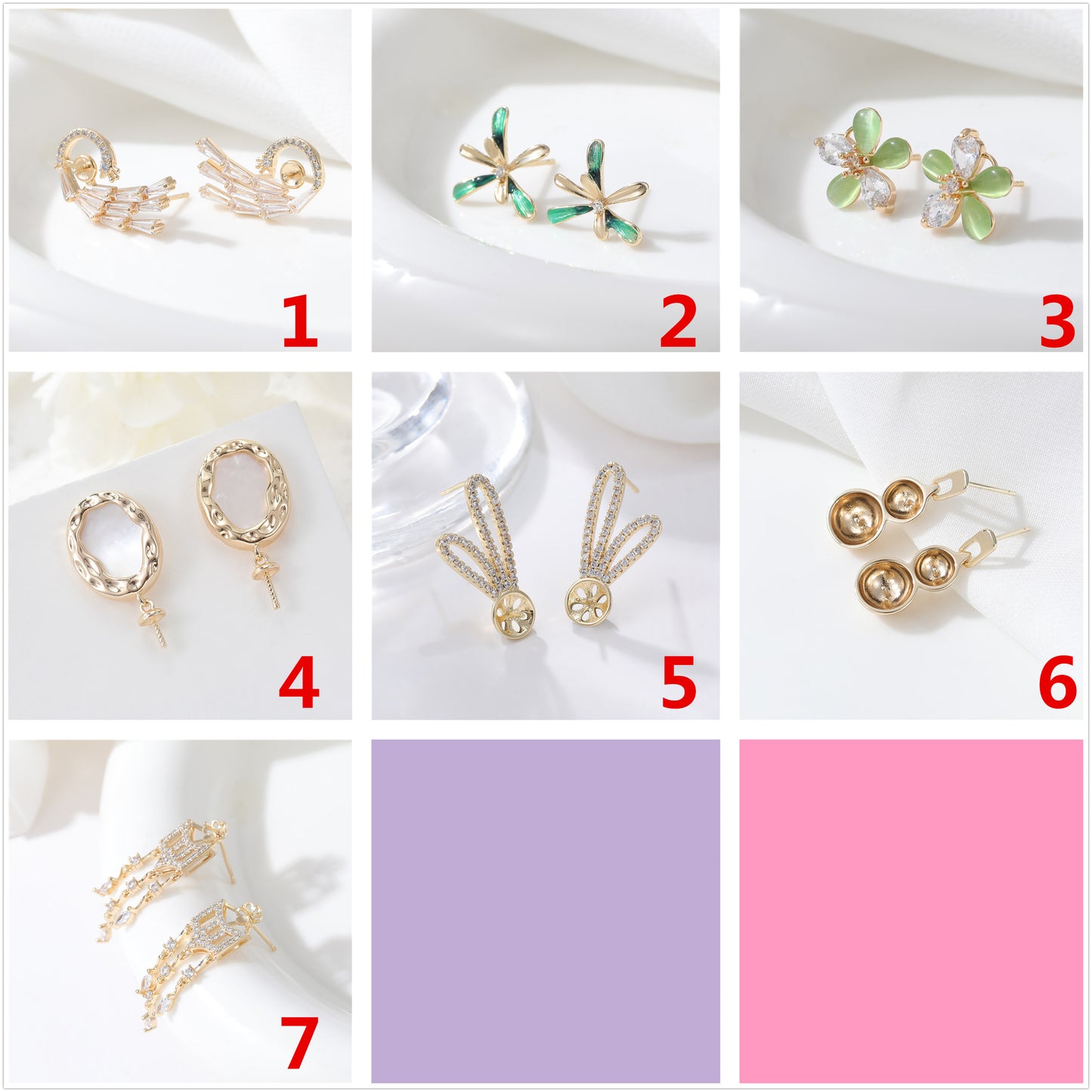 4 boucles d'oreilles florales à tige ornées de strass 14 carats GF, perles semi-percées vierges