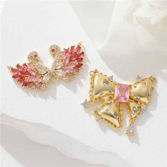 2 pendentif à breloque nœud papillon en forme de cygne orné de strass 14K GF