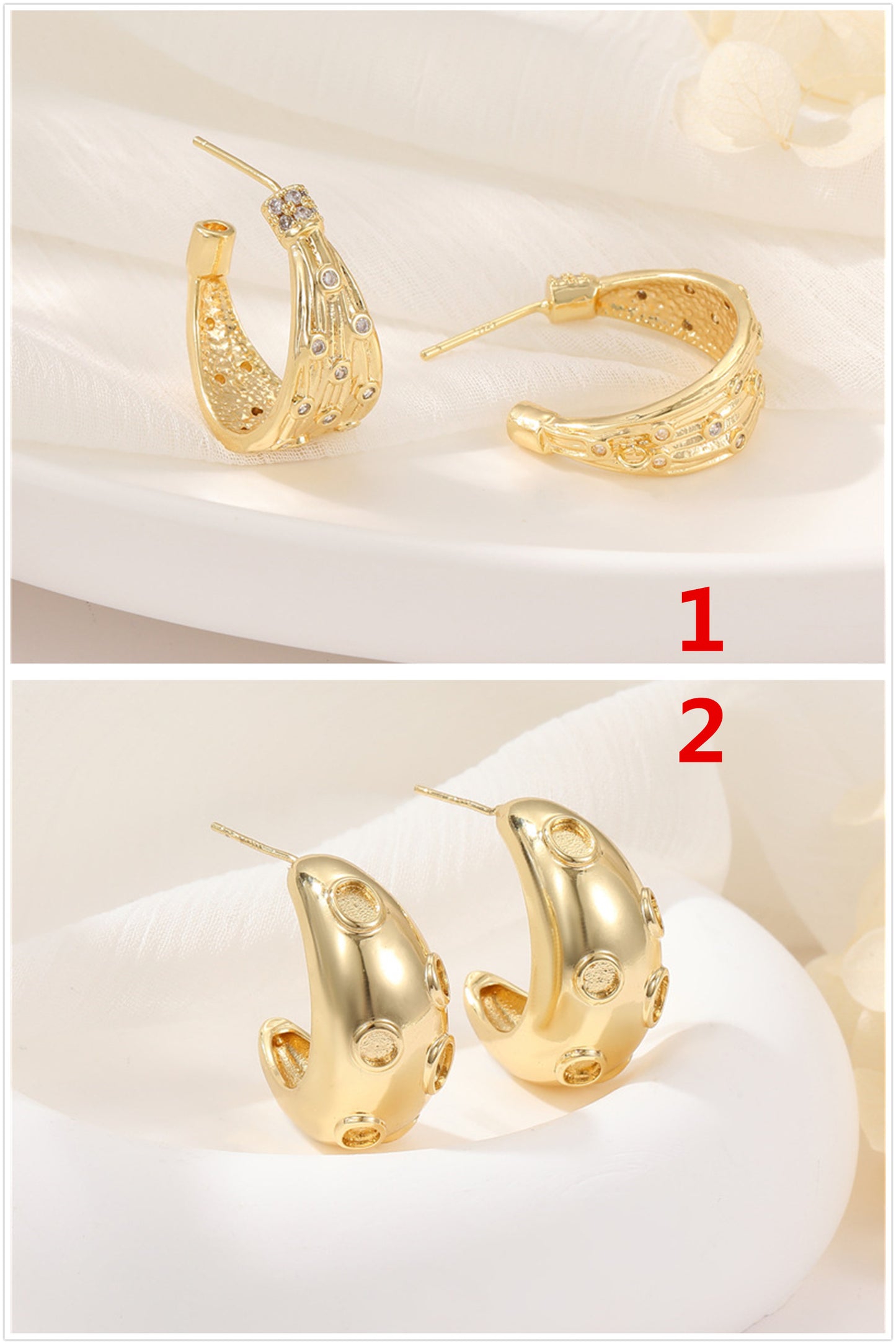 4 boucles d'oreilles à tige épaisses en demi-cercle ornées de strass 14K GF Earing