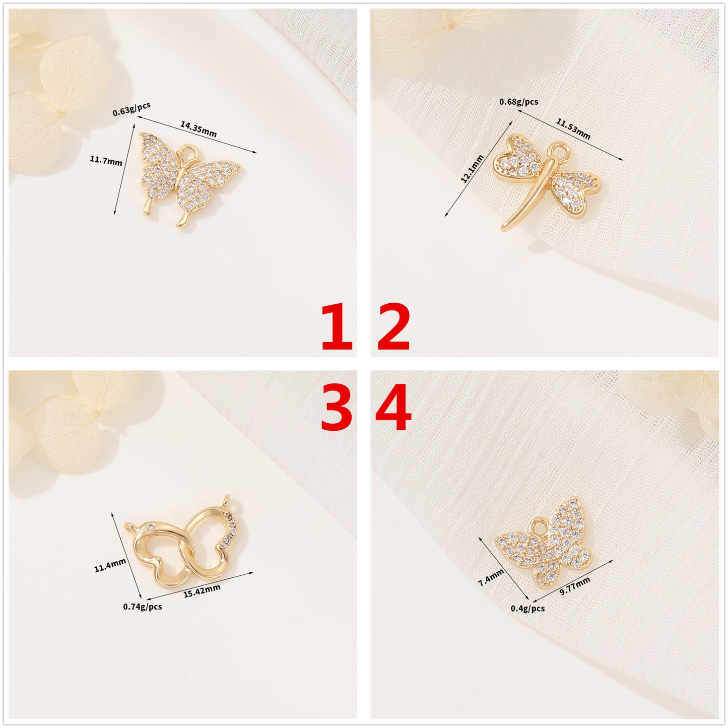 2 pendentifs à breloque papillon ornés de strass 14K GF