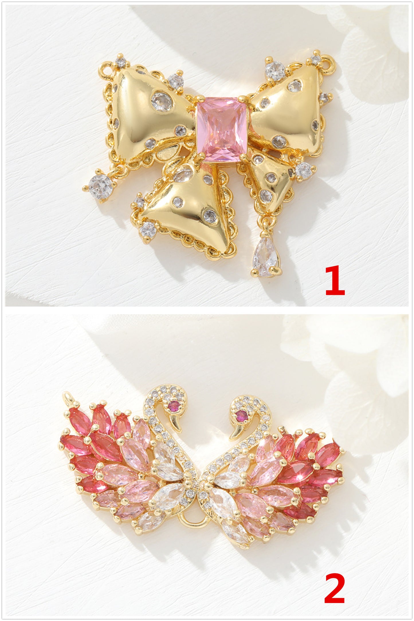 2 pendentif à breloque nœud papillon en forme de cygne orné de strass 14K GF