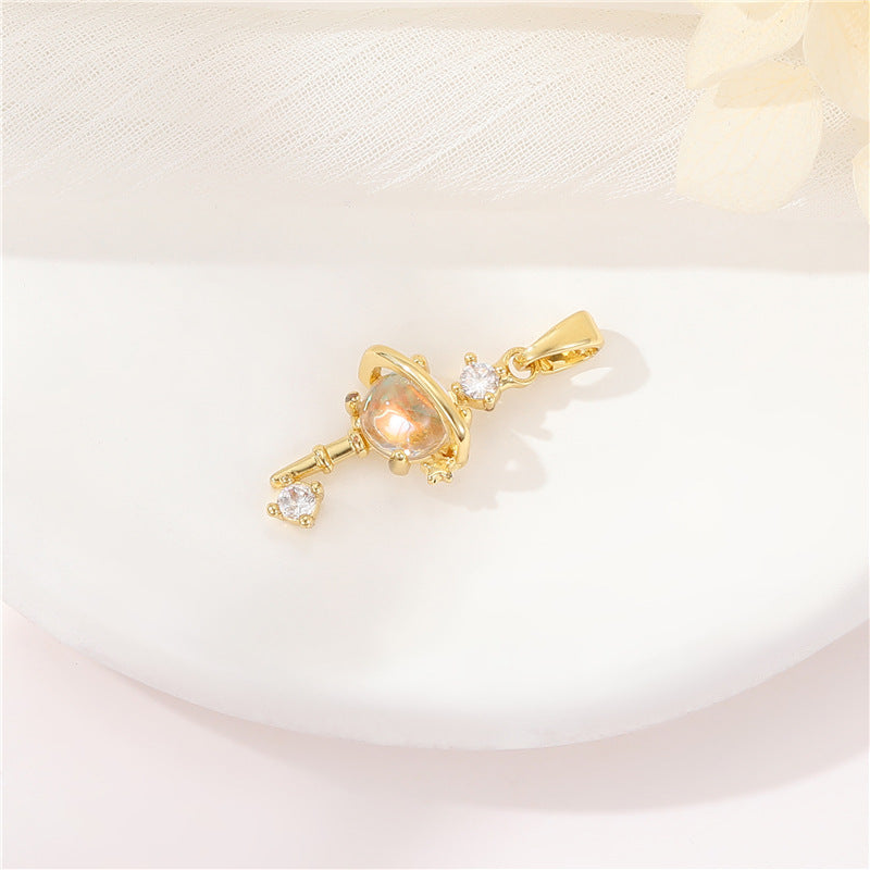 2 Key Cat Pendant Double Looped Bowknot Charm Connector Rhinestone Embellished 14K GF