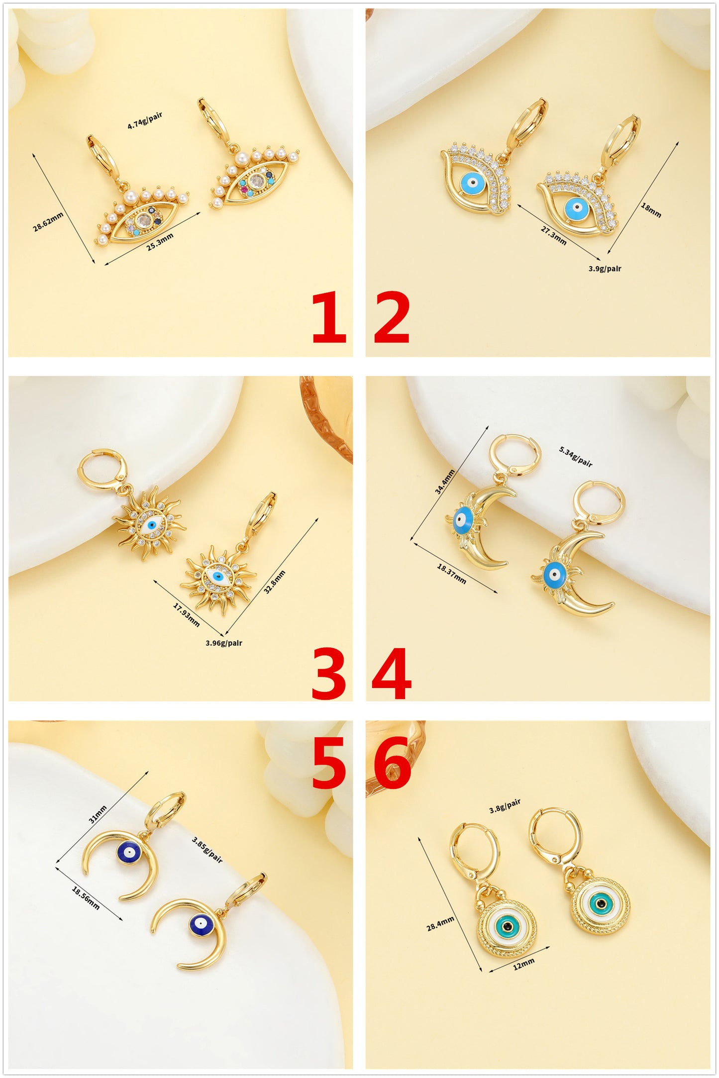 4 boucles d'oreilles créoles à breloques en émail époxy avec perles en strass ornées de perles 14K GF