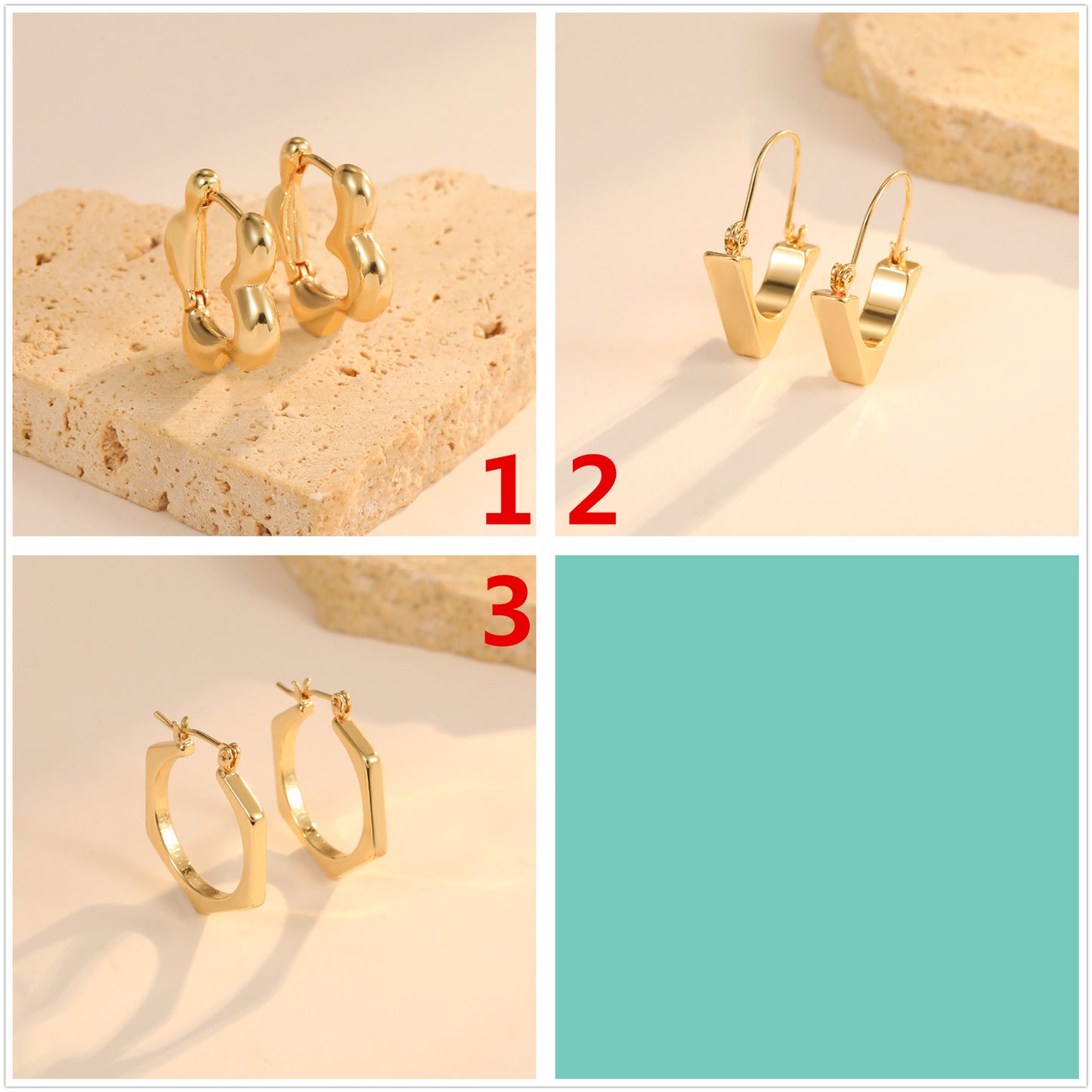 4 Chunky Hexagon Floral Triangle Hoop Earrings 14K GF Earing