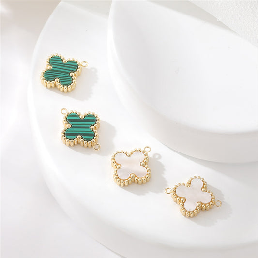 2 Croix Trèfle à Quatre Feuilles Charme Pendentif Coquille Malachite Embellie 14K GF