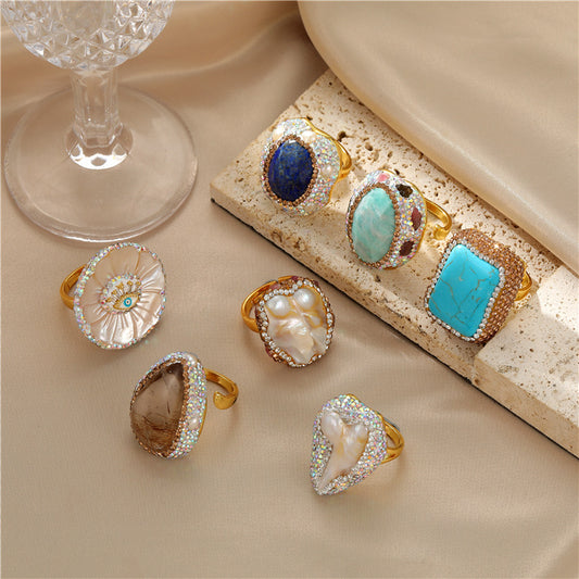 2 bague de déclaration en pierre naturelle à cercle ouvert, coquille de perle, Amazonite, Turquoise, Quartz rutilé, 14K GF