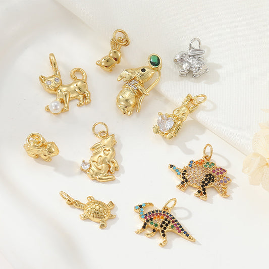 2 Chat Lapin Tortue Dinosaure Charme Pendentif Strass Embelli 14K GF