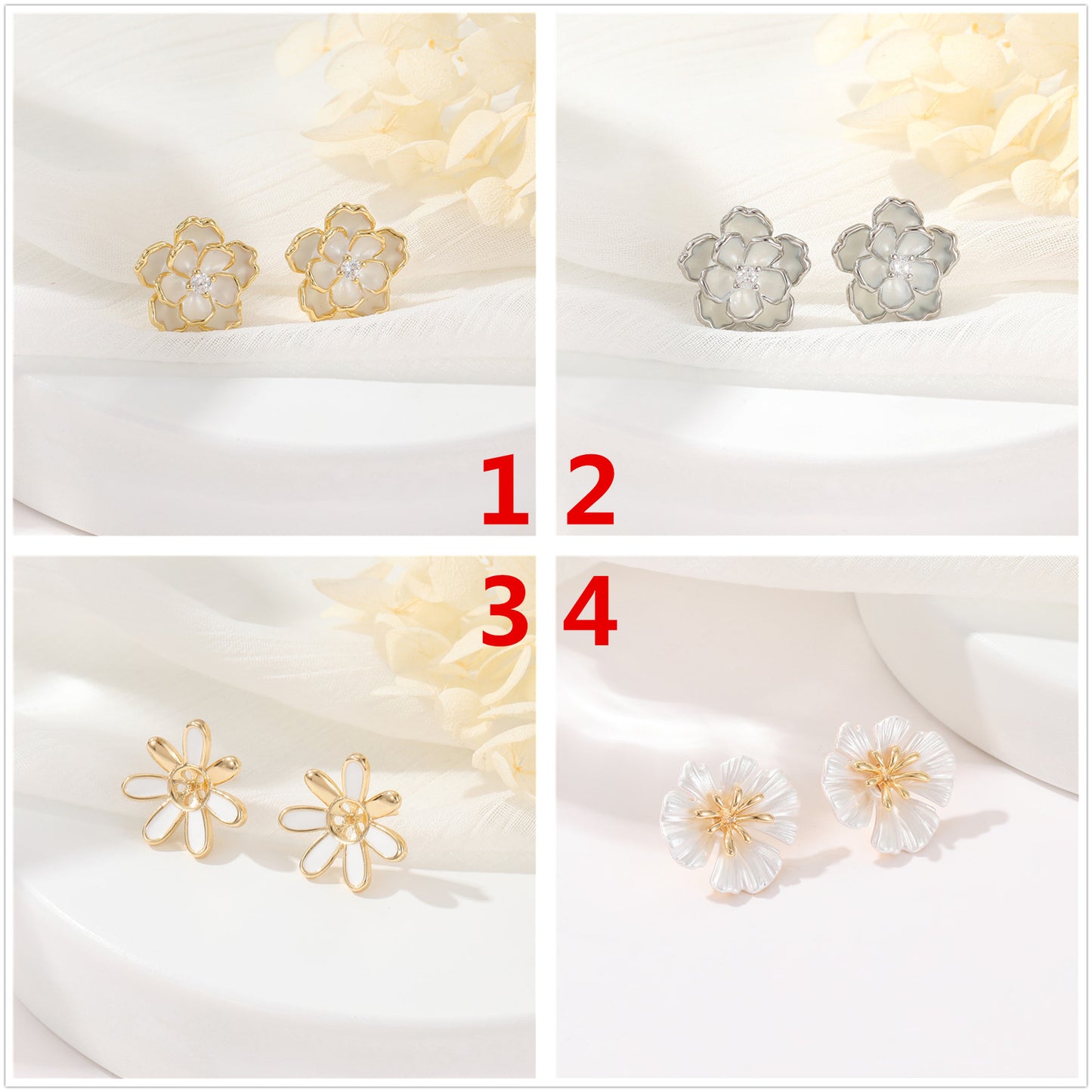 4 Floral Stud Earrings 14K GF Enamel Epoxy Rhinestone Earing