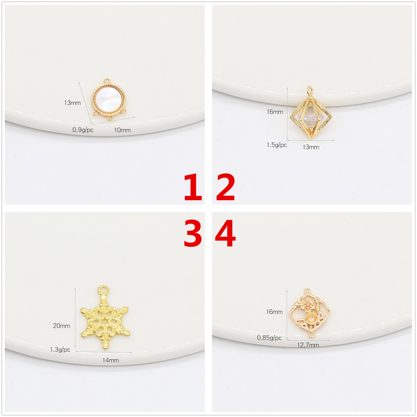 2 Round Diamond Snowflake Floral Charm Pendant Rhinestone Embellished 14K GF