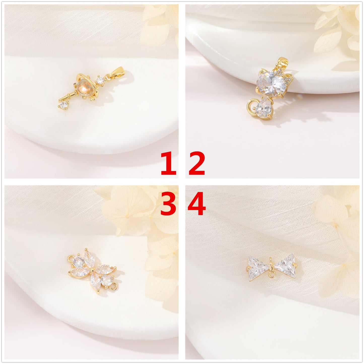 2 Key Cat Pendant Double Looped Bowknot Charm Connector Rhinestone Embellished 14K GF