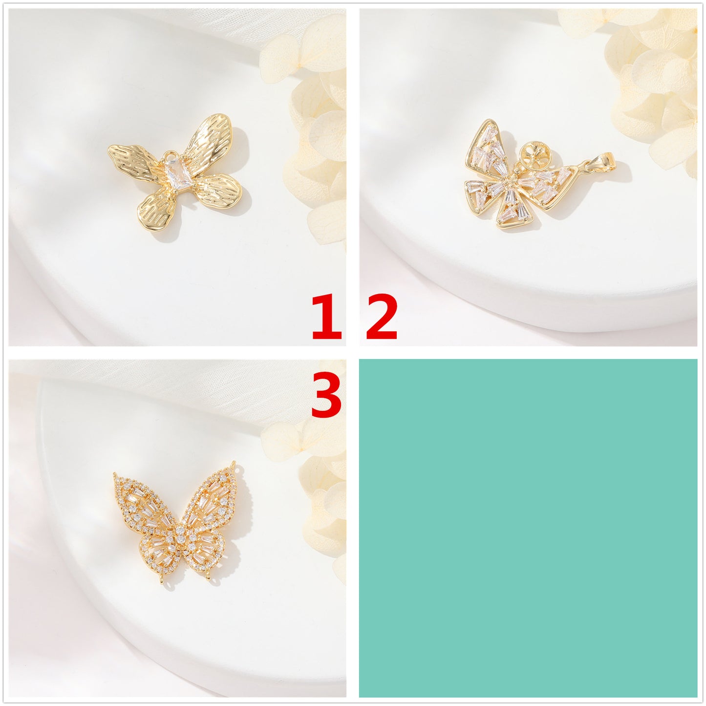 2 Butterfly Charm Pendant Rhinestone Embellished 14K GF