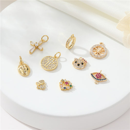 2 minuscules croix coeur papillon roue Hello Kitty oeil charme pendentif strass embelli 14K GF