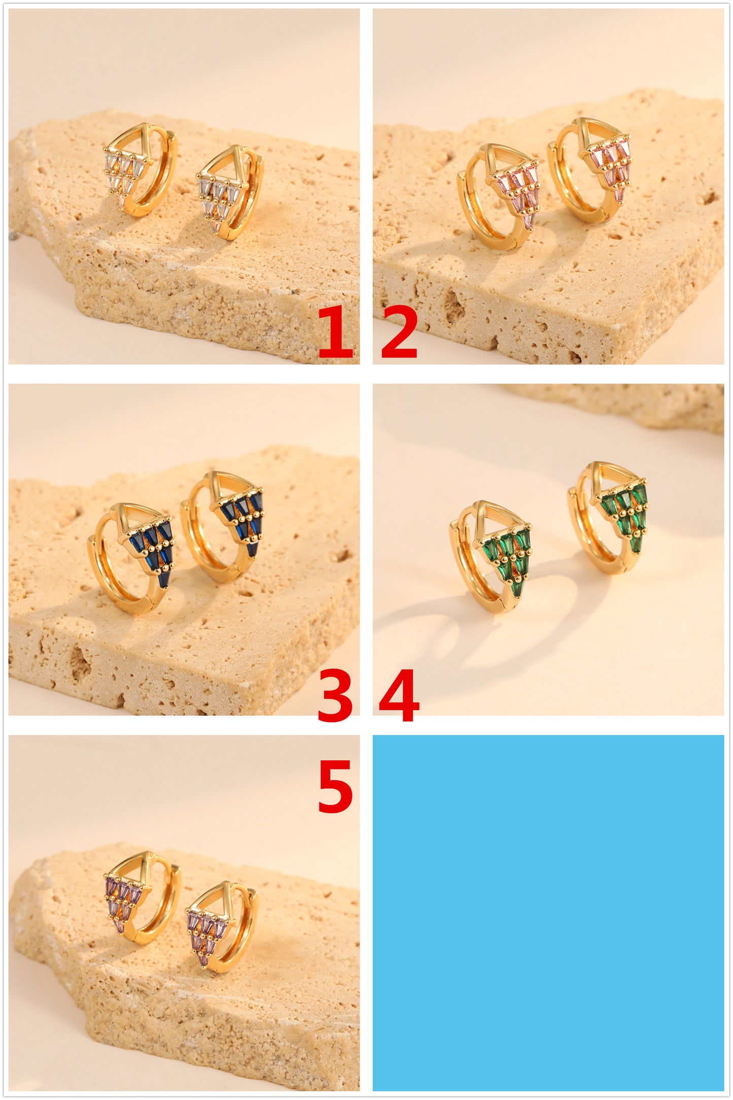4 boucles d'oreilles triangle créoles trapèze ornées de strass 14K GF